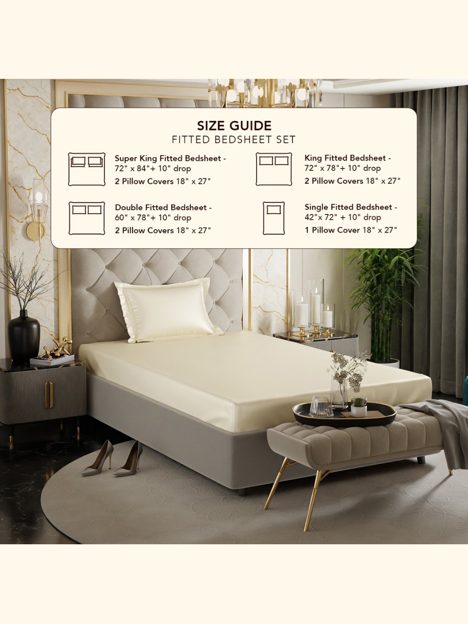 Stoa Paris Ivory Polyester 300 TC Date Night Single Fitted Bedsheet With Pillow Cover