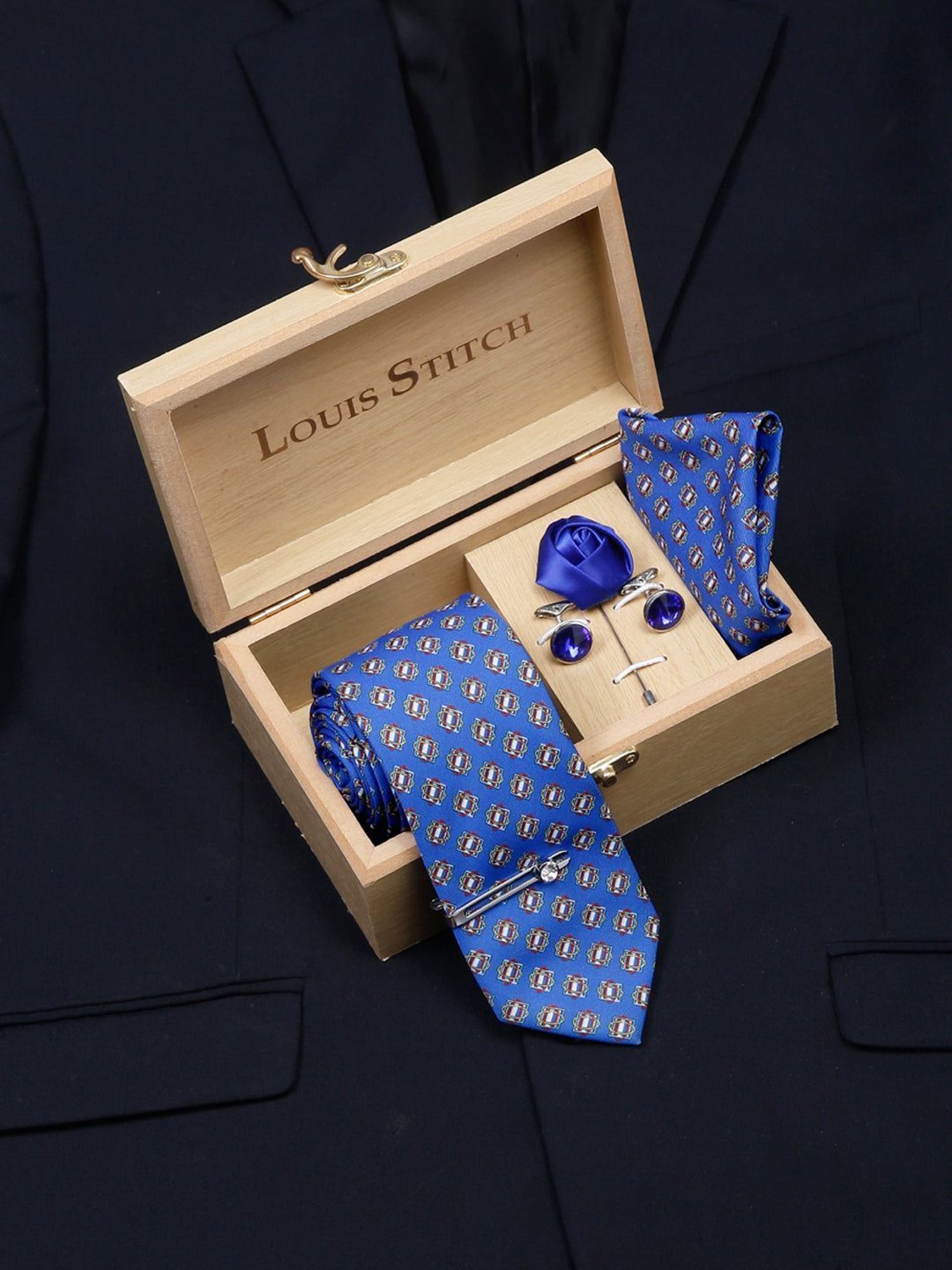 Louis Stitch Blue Printed Necktie Gift Set - Set of 5
