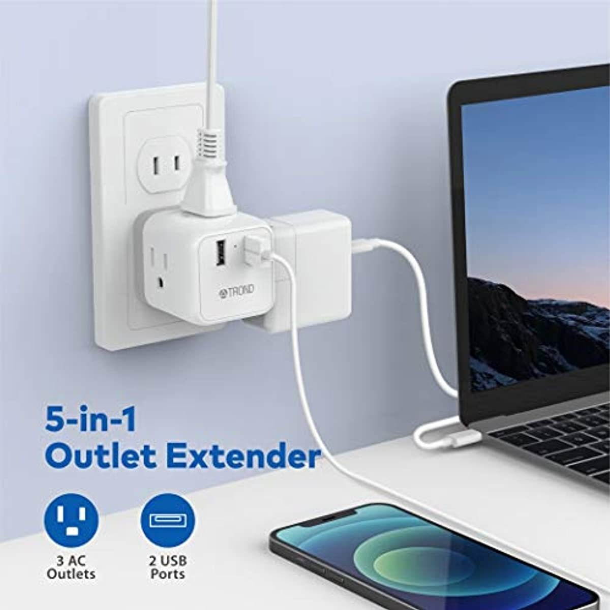 3 Prong to 2 Prong Adapter, TROND Outlet Extender Splitter Expander with 3 Grounded Outlets and 2 USB Ports, Type A Plug Extender, Travel Adapter for US to Japan, White