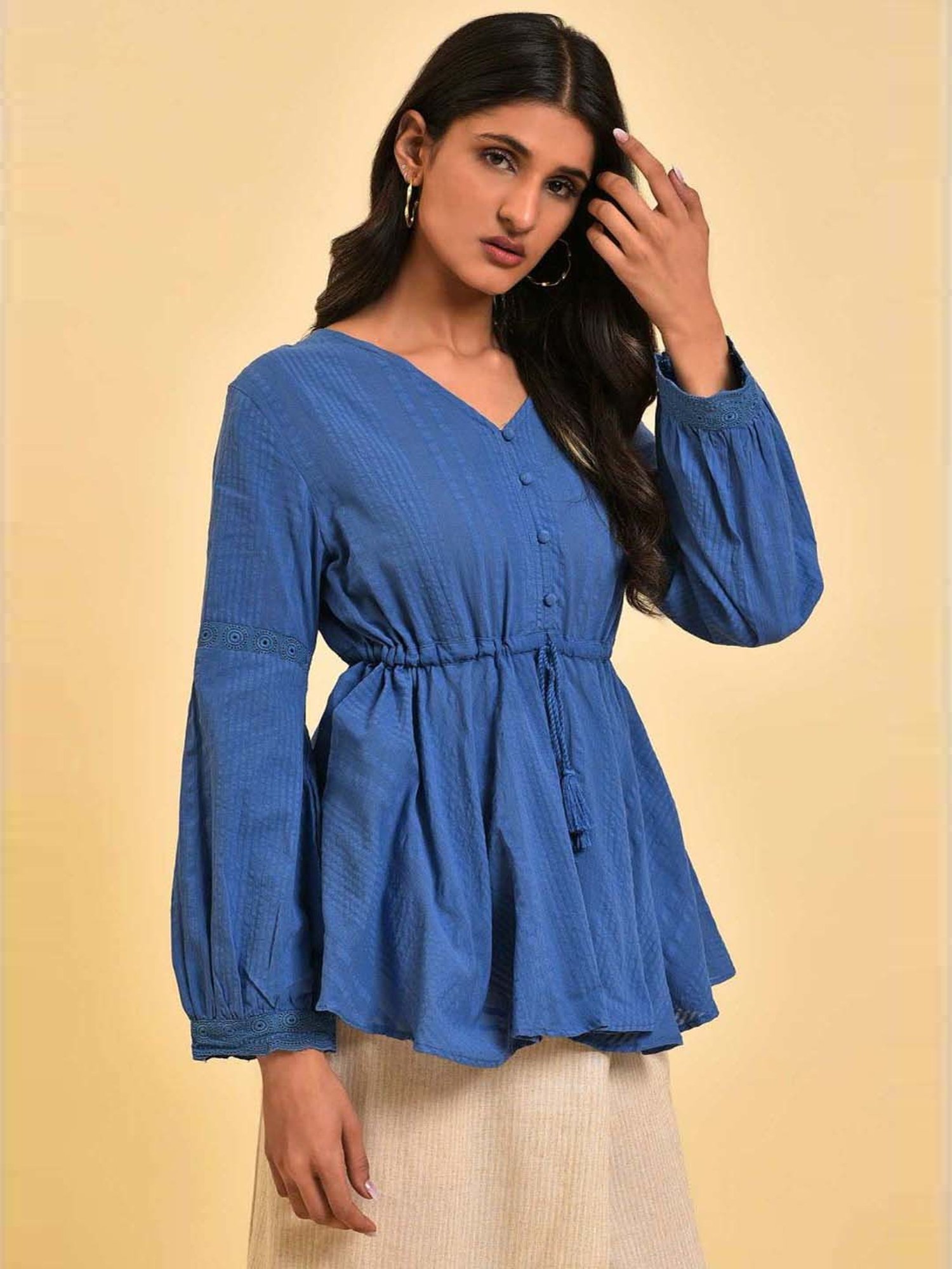 W Blue Cotton Self Pattern Top