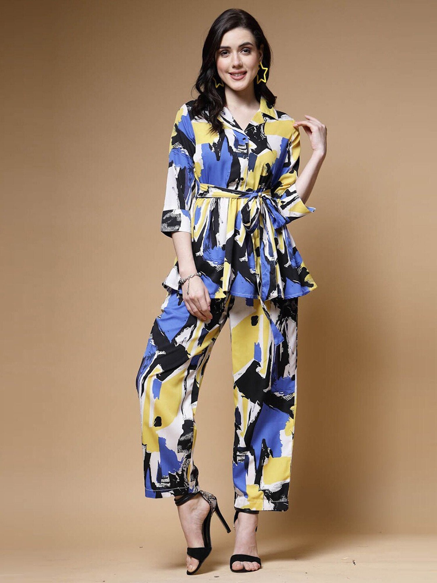 Melon by PlusS Multicolored Printed Shirt Pant Set With Waist Belt