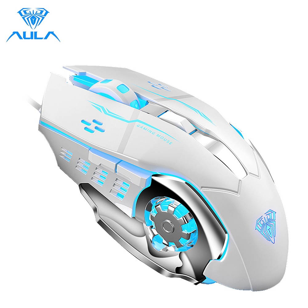 AULA S20 USB Wired Gaming Mouse Programmable 2400DPI Optical Ergonomic Mouse with 4-color Breathing Light for PC Laptop White