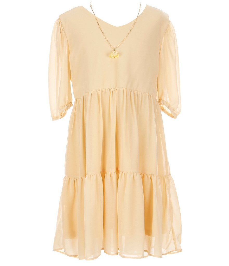 I.N. Girl 7-16 Puffed-Sleeve Solid Georgette Fit-And-Flare Dress