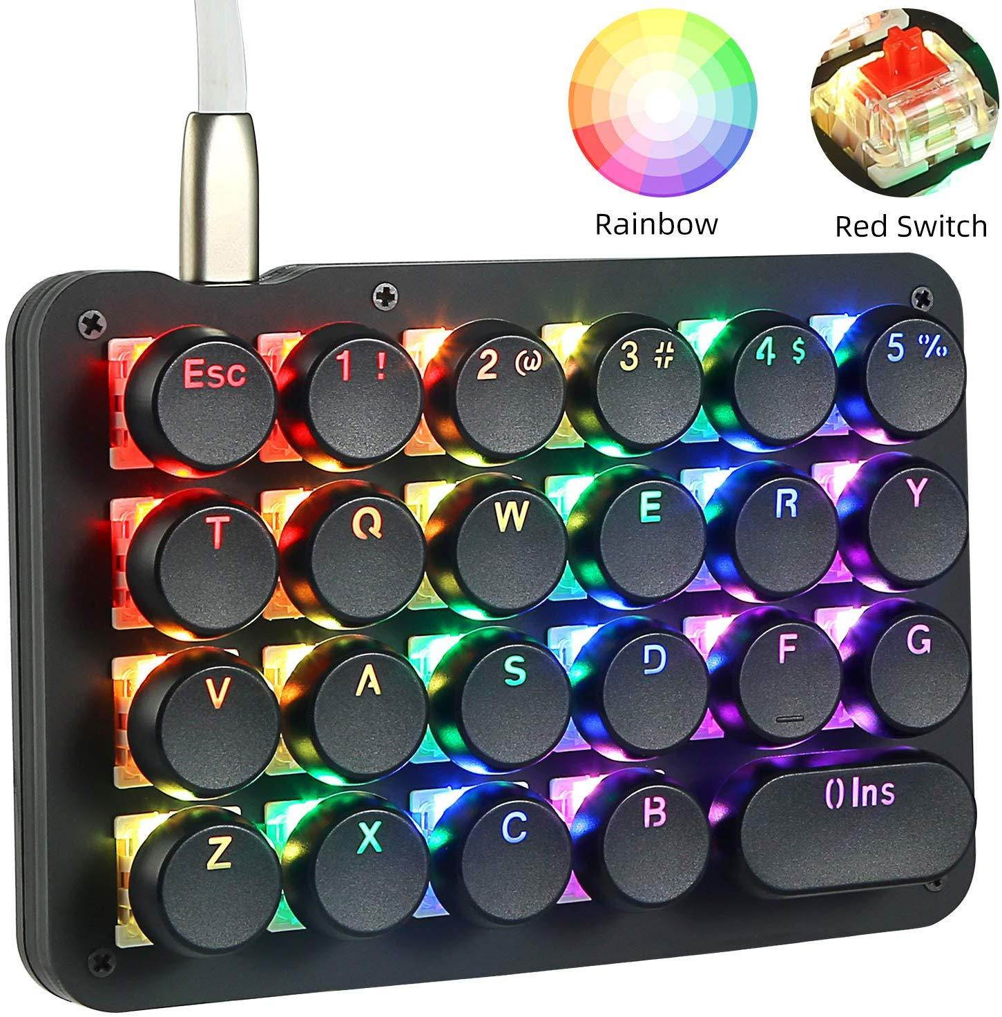 Koolertron One Handed Macro Mechanical Keyboard,RGB LED Backlit Portable Mini One-Handed Mechanical Gaming Keypad 23 Fully Programmable Keys Red Switches with Retro Classic Typewriter Round Keycaps