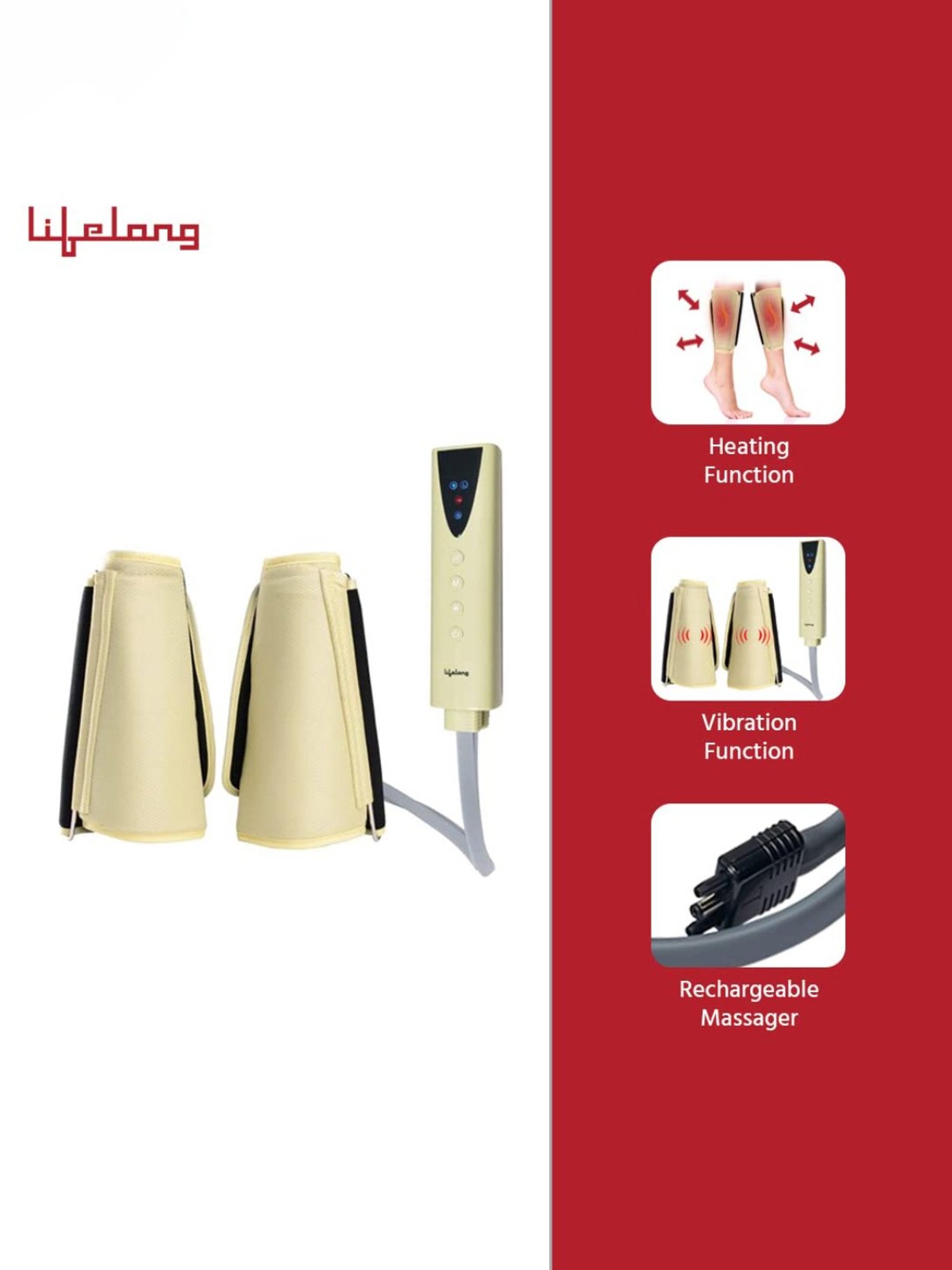 Lifelong LLM513 Rechargeable Air Pressure Massager for Calves with Heat and Vibration (Beige)