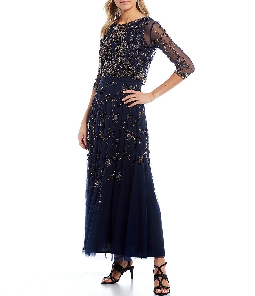 Jkara Chiffon Popover Beaded V-Neck 3/4 Capelet Sleeve Gown