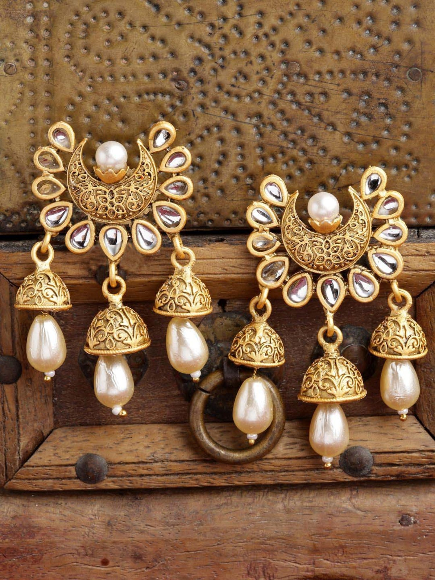 Panash Gold-Plated Kundan Crescent Shaped Handcrafted Drop Earrings