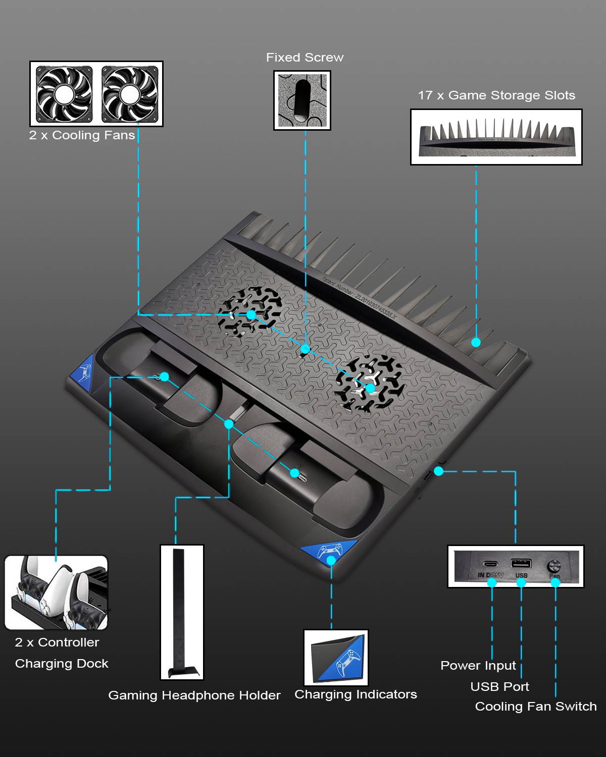 PS5 Cooling Stand with Headset Holder & Cooling Fan Base, Multifunctional Vertical Stand with 2 Controller Charging Station & LED Indicator & 17 Game Disc Slots for PS5 Console Digital Edition/UltraHD
