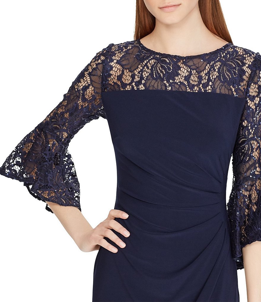 Lauren Ralph Lauren Lace Sequin Bell 3/4 Sleeve Boat Neck Side Ruched Detail Jersey Dress