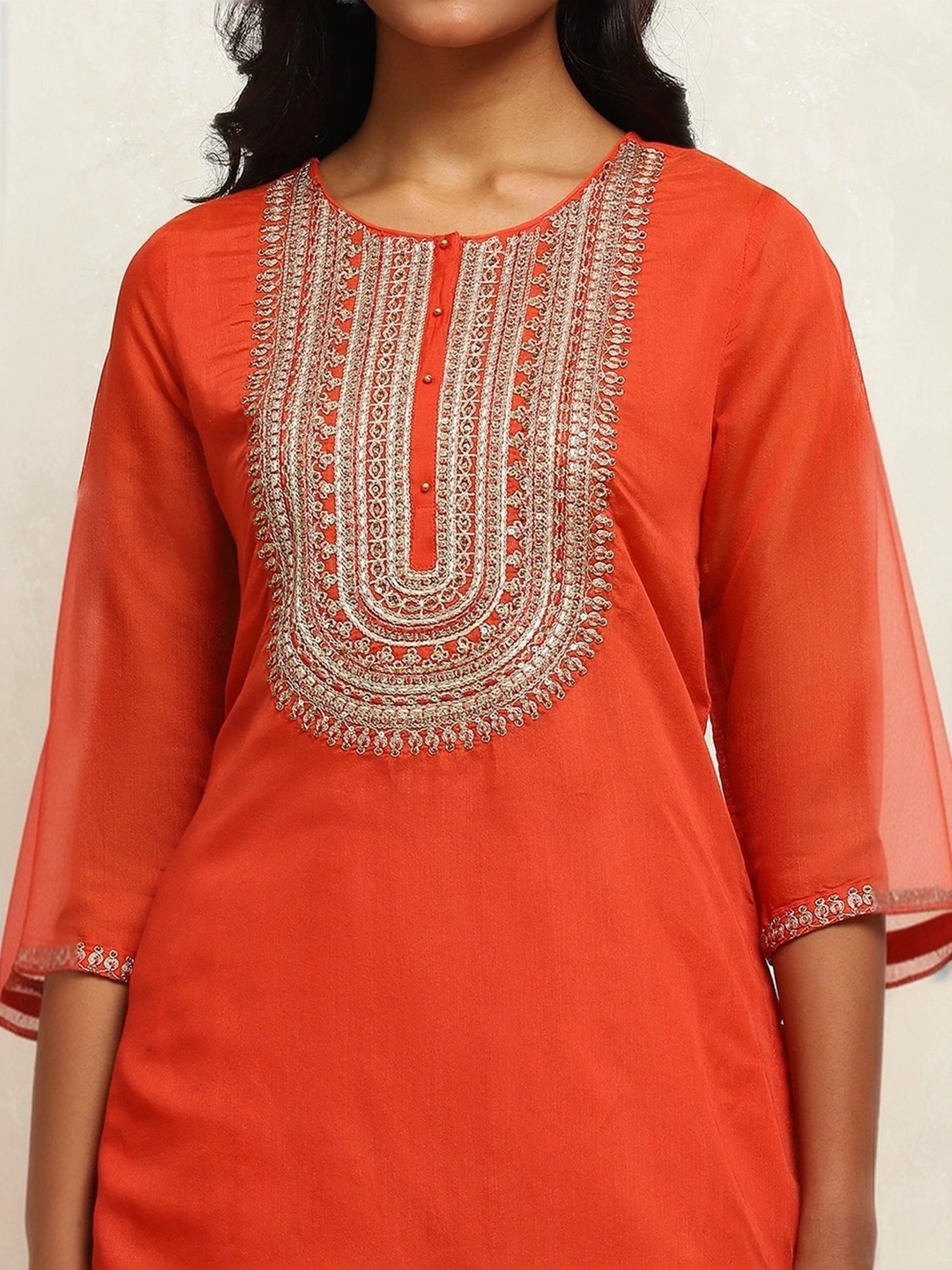 Biba Orange & Beige Embroidered Kurti Sharara Set With Dupatta