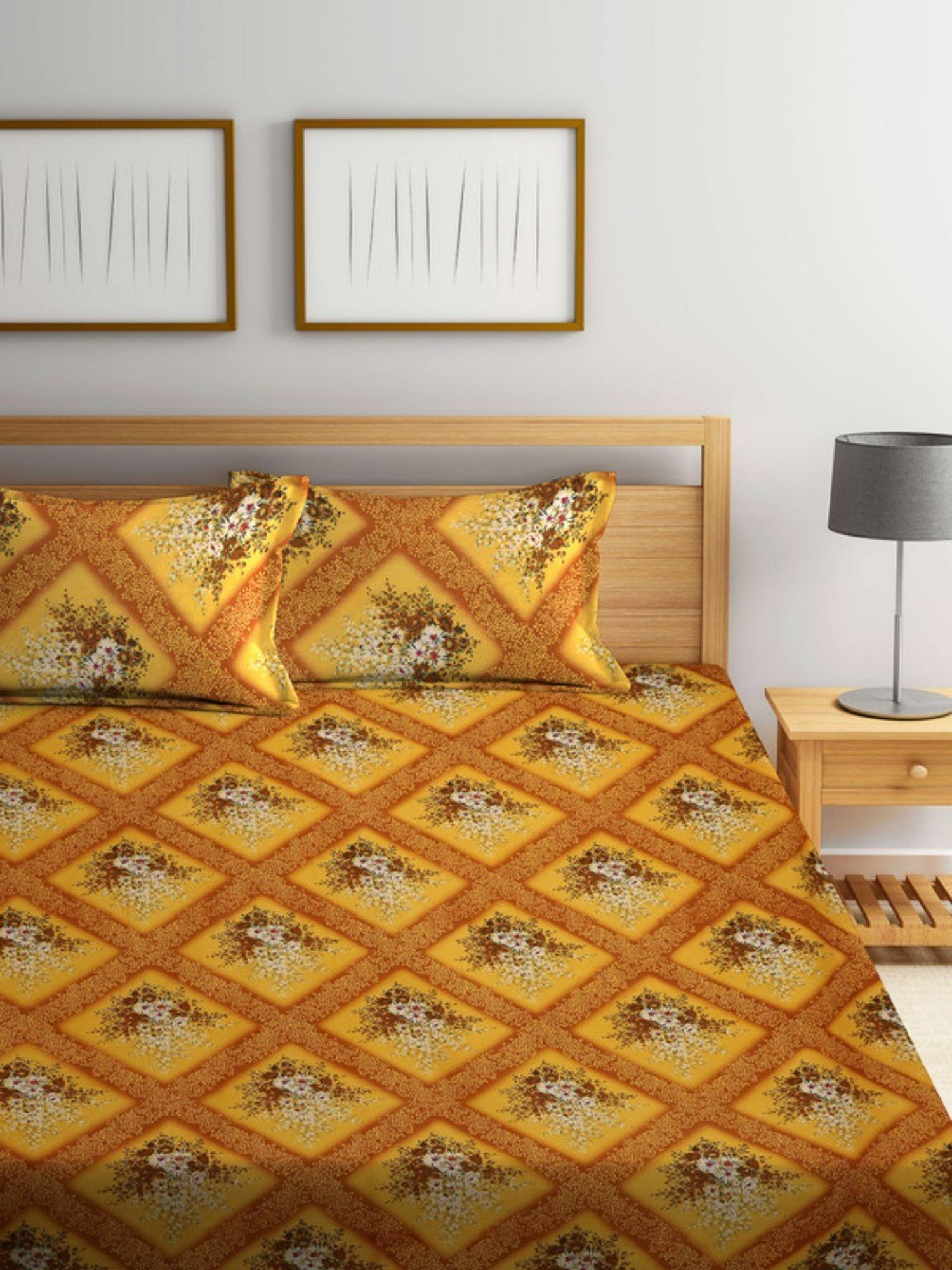 Dhrohar Printed Yellow Cotton 180 TC Double Bedsheet with 2 Pillow covers