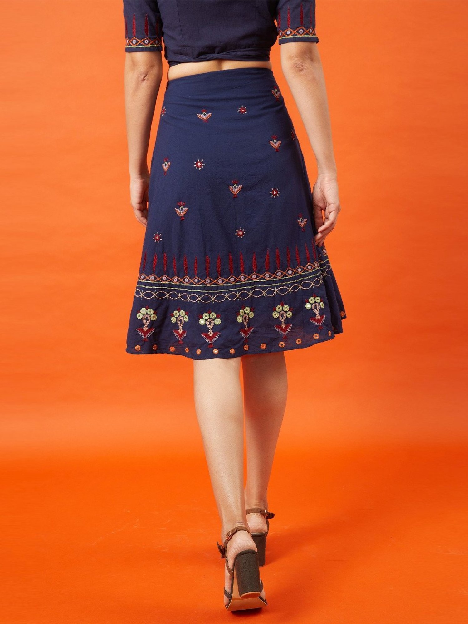 Okhai Sultana Navy Pure Cotton Kutch Hand Embroidered Skirt