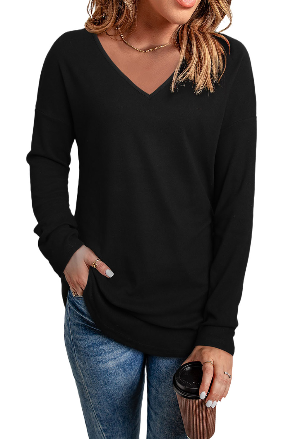 Blank Sweatshirt - Black Casual V Neck Long Sleeve Shirt Customized