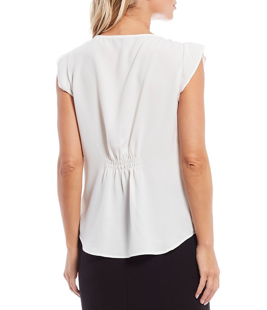Tahari ASL Round Neck Cap Sleeve Pleat Front Georgette Top