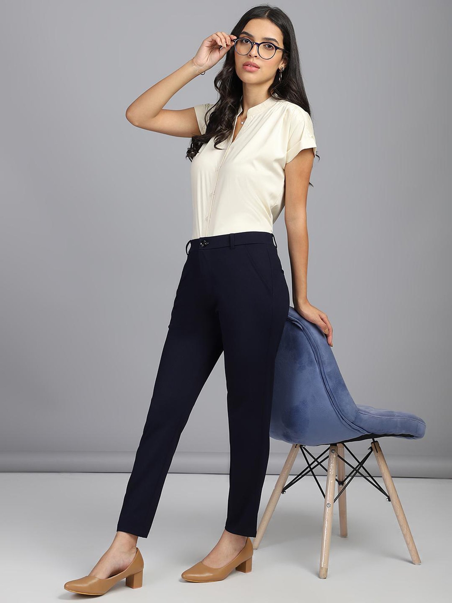 FITHUB Navy Skinny Fit High Rise Formal Trousers