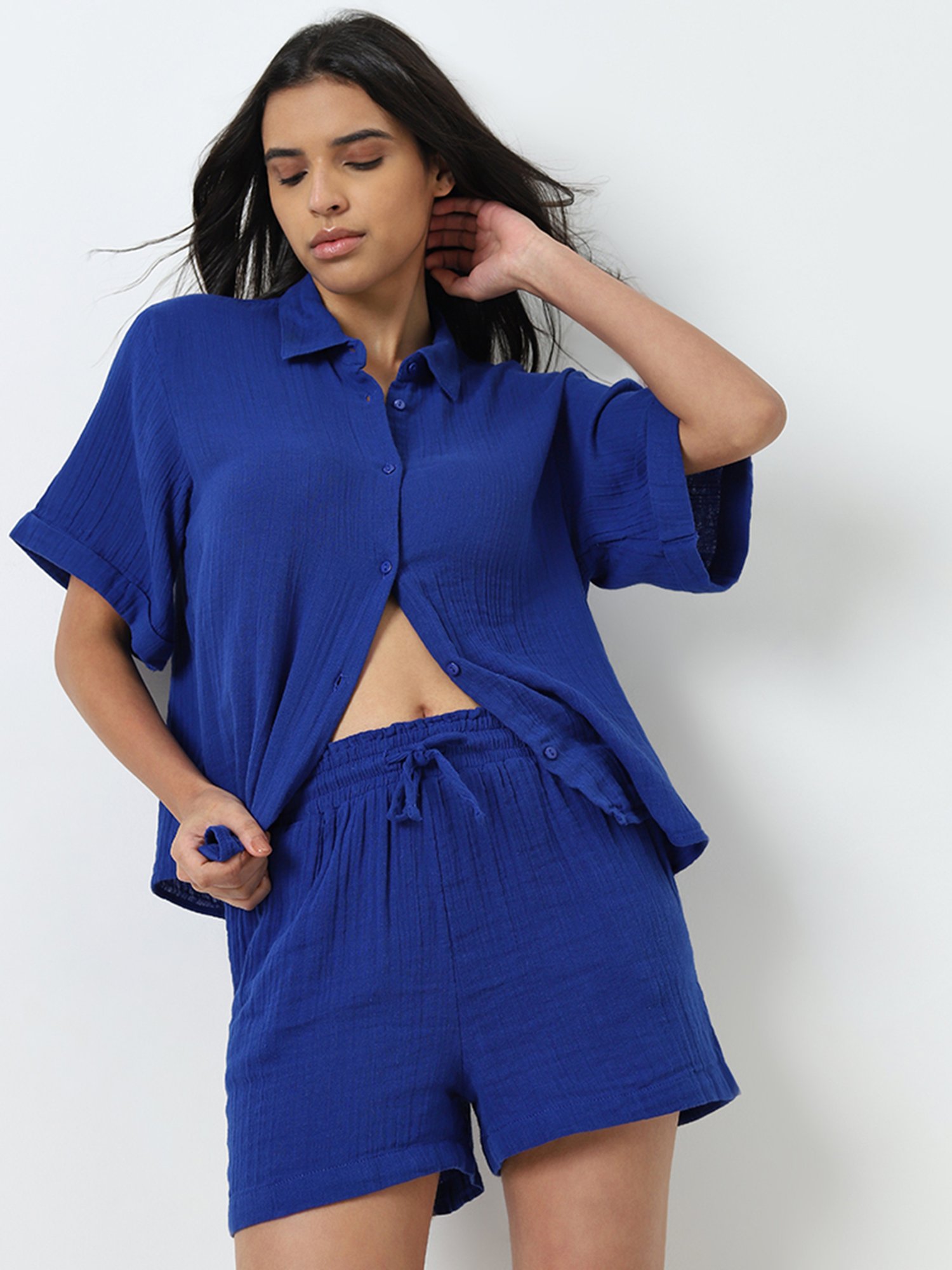 Wunderlove by Westside Blue Crinkle High-Rise Cotton Beach Shorts