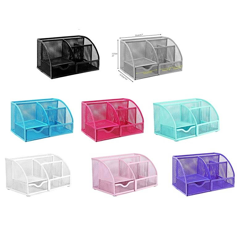 Mesh Desk Organizer Office with 7 Compartments + DrawerDesk Tidy CandyPen HolderMultifunctional Organizer Purple Color EX348PPL