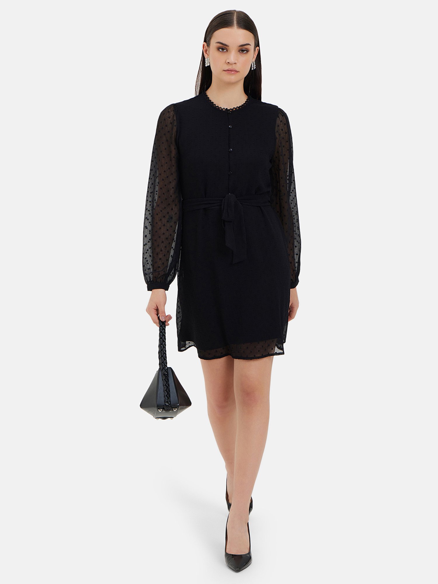 Kazo Black Self Design A Line dress