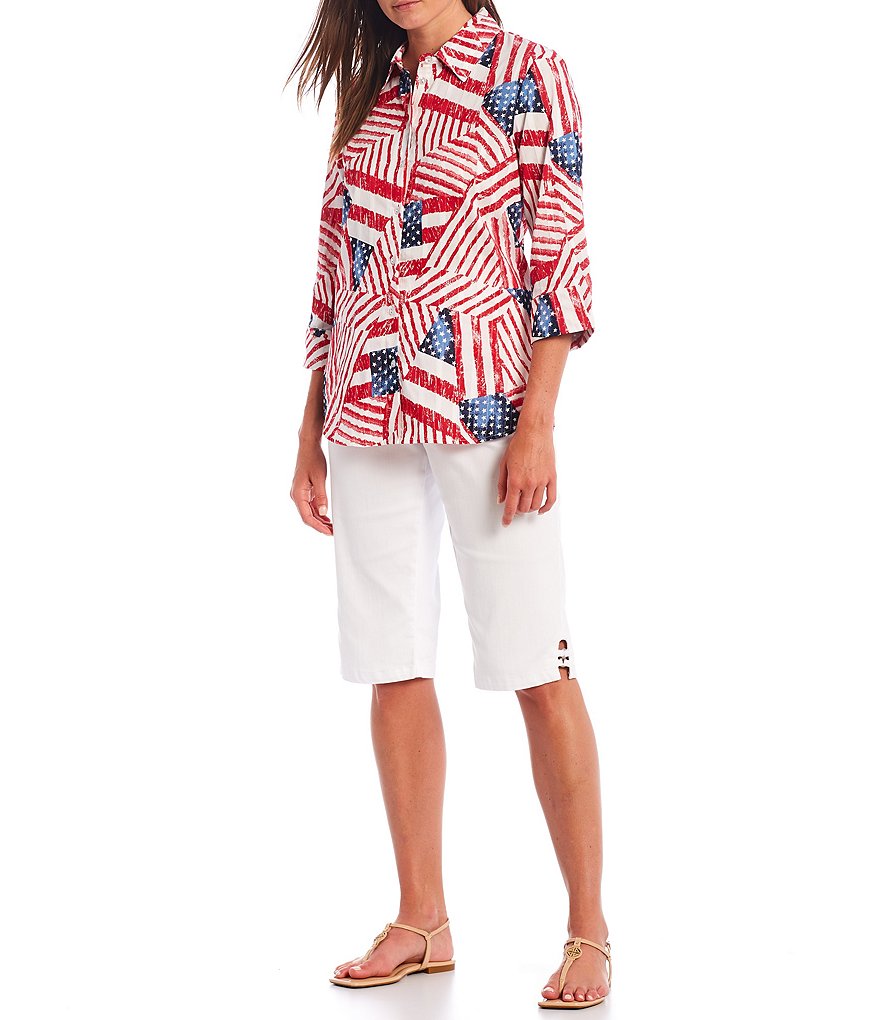Allison Daley Stars & Stripes Patchwork Print 3/4 Sleeve Button Front Top