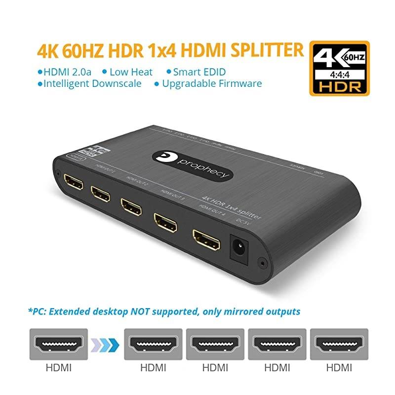 Prophecy Intelligent 1x4 HDMI Splitter 4K 60Hz HDR &ndash; 4K @60Hz 4:4:4, 18Gbps - Auto Scaling, HDMI 2.0a, HDCP 2.2, 3D, EDID, Cascadable, Firmware Upgradable - 4 Port, 1 In 4 Out (PRO-HDRSplit4P)