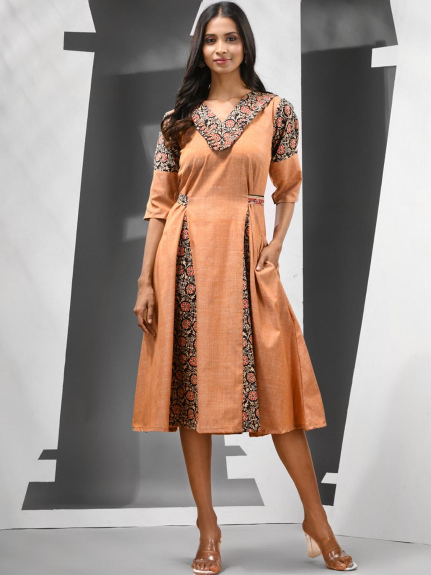 Charukriti Beige Cotton Floral Print A-Line Dress