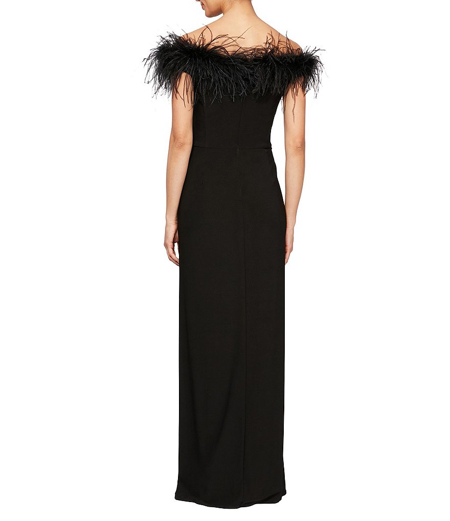 Alex Evenings Stretch Matte Jersey Feather Off-the-Shoulder Front Slit Gown