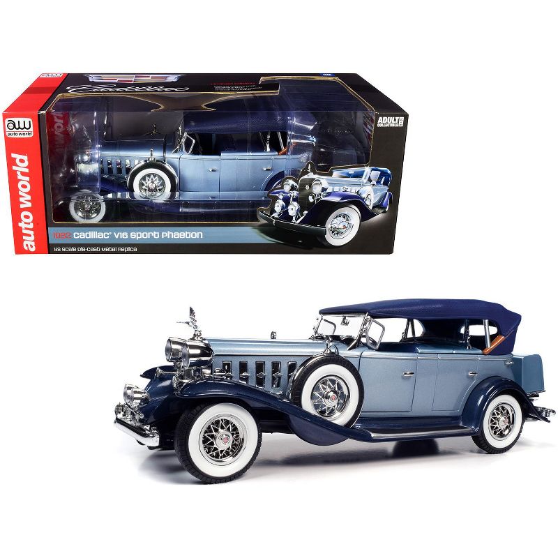 1932 Cadillac V16 Sports Phaeton Metallic Light Silver Blue and Enamel Dark Blue 1/18 Diecast Model Car by Autoworld