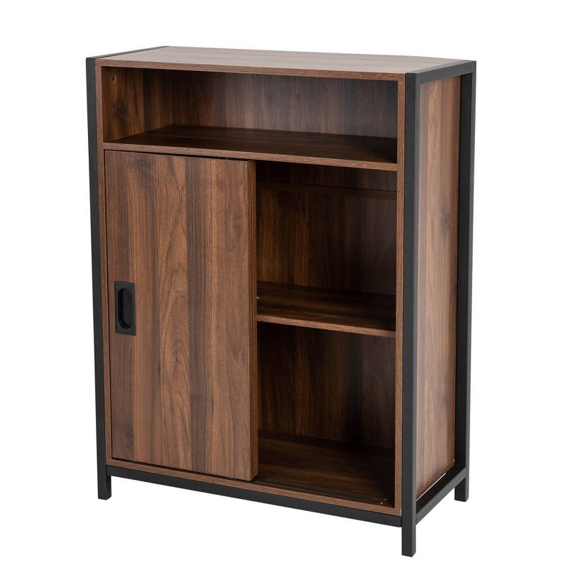 32" Wooden Metal Floor Cabinet with Double Sliding Doors Natural - Glitzhome