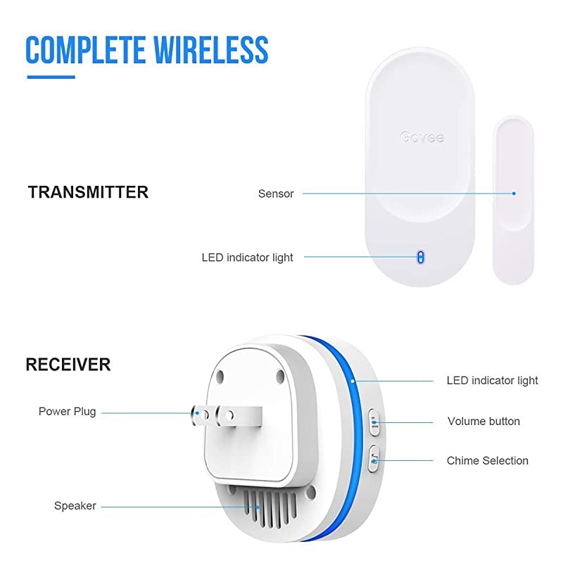 Wireless Door Open Sensor 1 Magnetic Door Entry Alert Security Contact Sensor 1 Wireless Doorbell Plugin Receiver330 Feet 36 Tunes 5 Volume Levels LED Indicators
