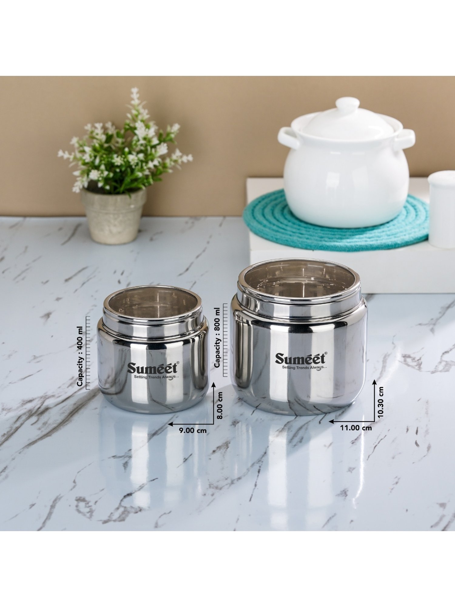 Sumeet S.S.Storage Containers with See Through Lid,4pc (400ml-2Pc with 9cm&800ml-2Pc with 11cm)