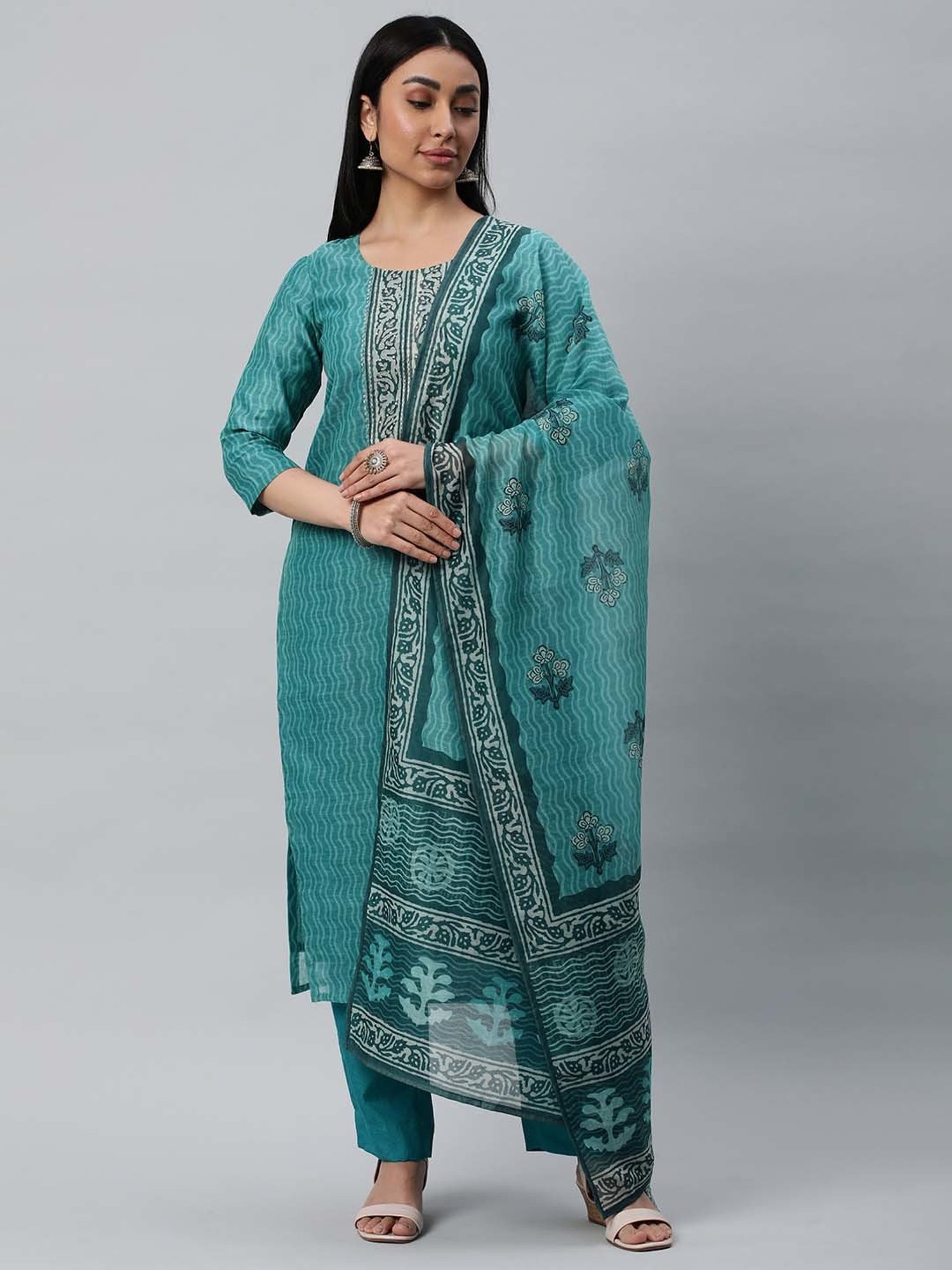 Kami Kubi Teal Printed Unstitched Dress Material