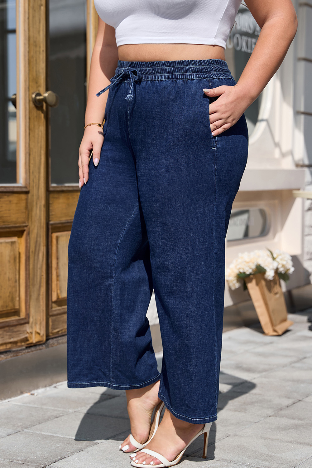 Dark Blue Plus Size Stitching Washed Flare Jeans