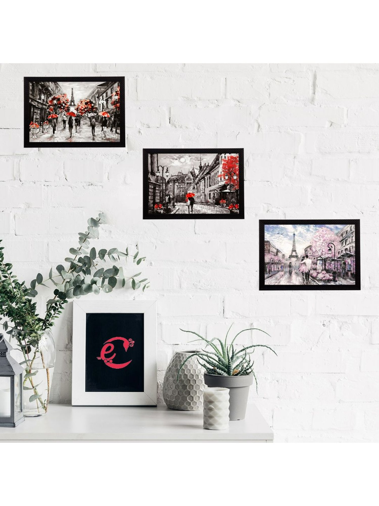 eCraftIndia Set Of 3 Europe Street Views Satin Matt Texture UV Art Painting