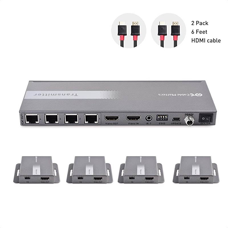 1x4 4 Port HDMI Extender Splitter - Wall Mount 1-In-4-Out HDMI Over Ethernet Splitter 1080p 60Hz up to 164 Feet - Support Local Monitor Loop-Out
