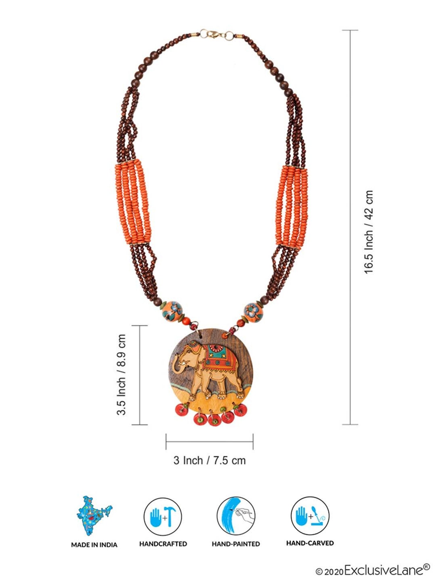 ExclusiveLane 'Tribal Elephant' Orange & Brown Handpainted Necklace (Teak Wood)