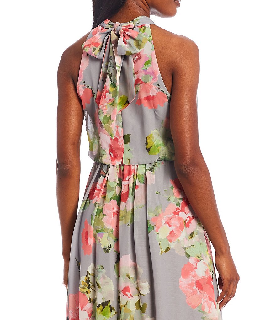Adrianna Papell Halter Floral Print Chiffon Blouson Gown