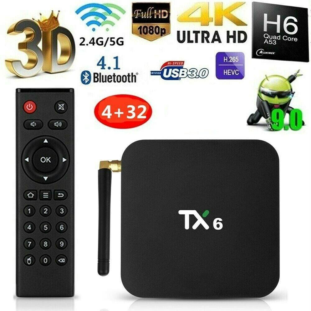 New Android 9.0 TV Box,TX6 Android TV Box 4GB DDR3 32GB EMMC Dual WiFi 2.4G+5G Bluetooth Quad Core 3D 4K Ultra HD H.265 USB3.0 Android TV Set Top Box