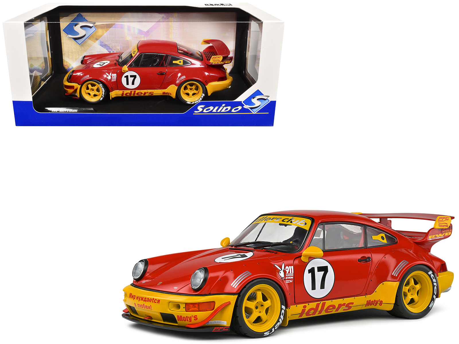 2016 RWB Bodykit #17 "Maty&rsquo;s Idlers" Red and Yellow with Graphics 1/18 Diecast Model Car by Solido
