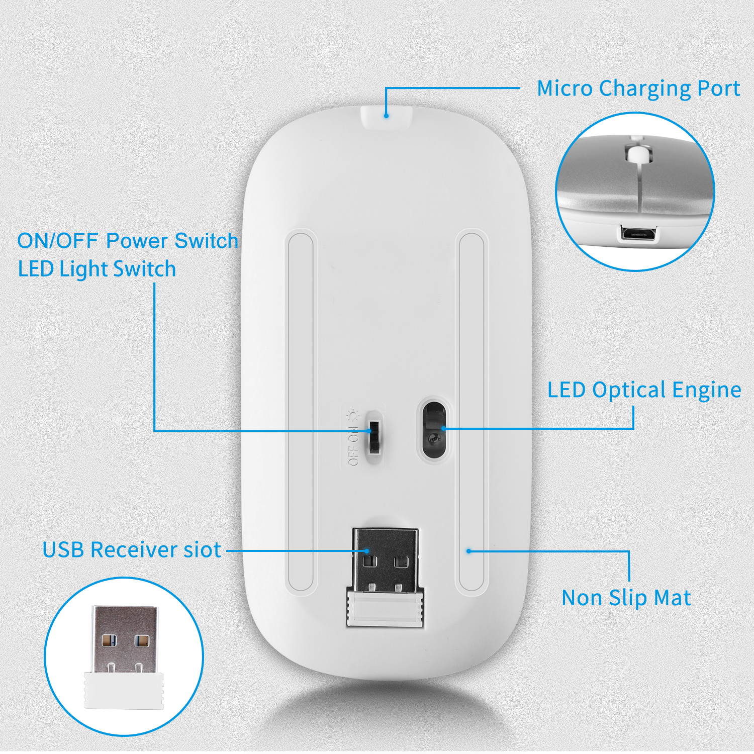 Donwell Slim Wireless EVA Mouse Silent USB Mice 2.4GHz Rechargeable RGB Light For PC Laptop MacBook Air 202 with Type-c USB Receiver/connector