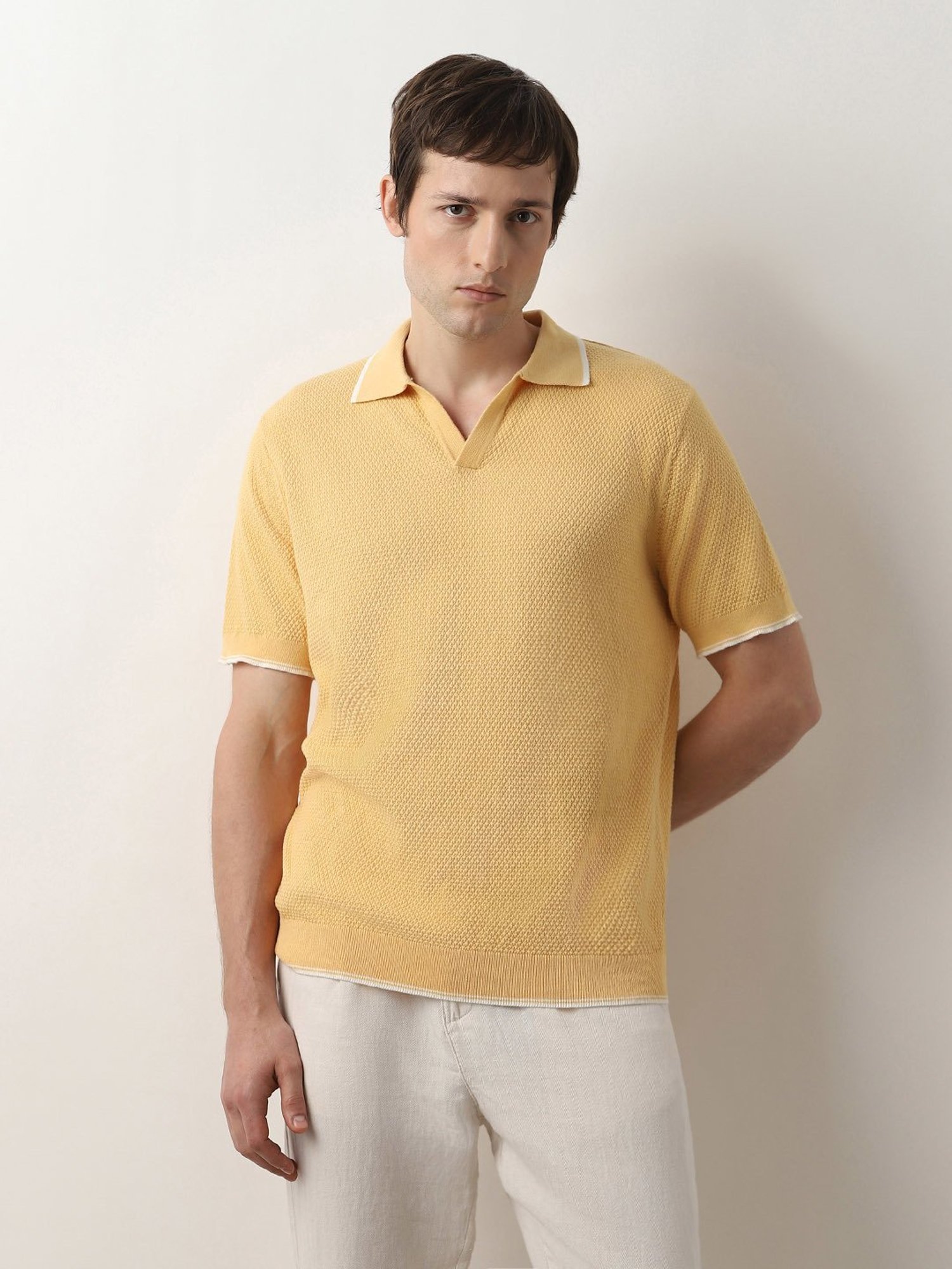 SELECTED HOMME Yellow Regular Fit Textured Cotton Polo T-Shirt
