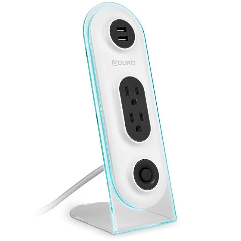 Dual USB 2 Outlet Power Strip Charging Desktop Stand Hub Extension for Phone, Laptop, with Surge Protection, Power Button, 4ft Cord - White/Black