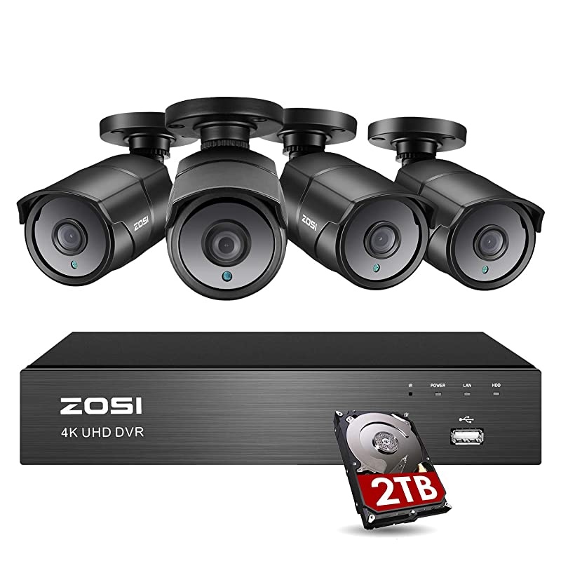 4K Ultra HD Home Security Camera System Outdoor Indoor, H.265+ 8 Channel CCTV DVR with 4 x 4K (8MP) Surveillance Bullet Camera Weatherproof, 150ft Night Vision, 2TB Hard Drive, Remote Access