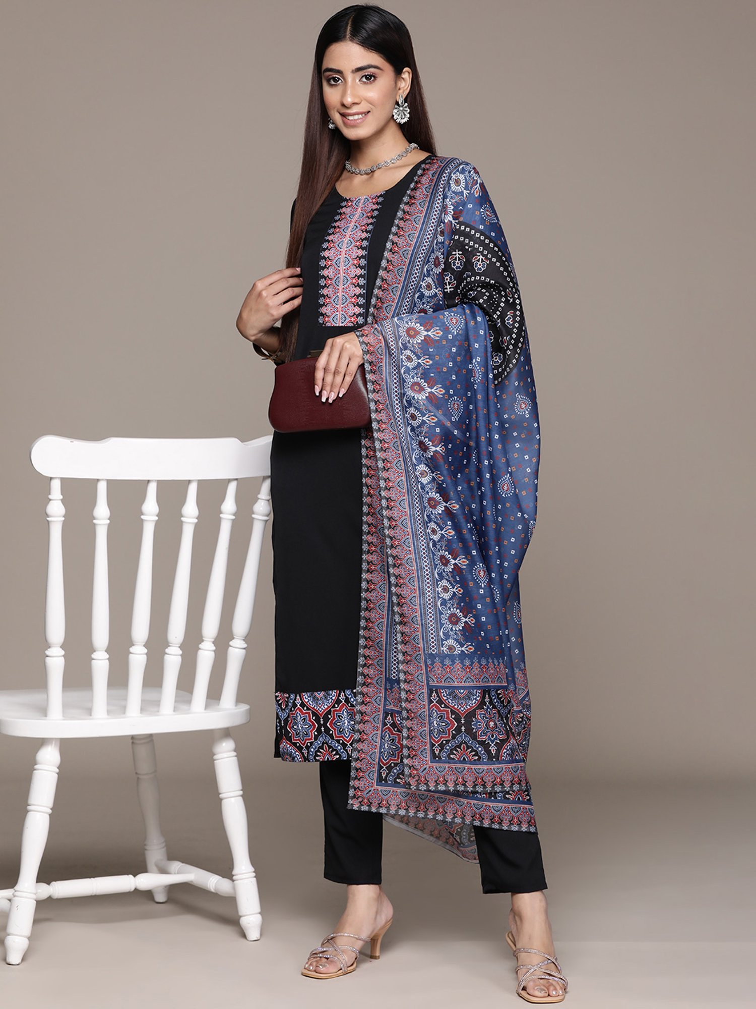 Ziyaa Black Printed Kurta With Pant & Dupatta