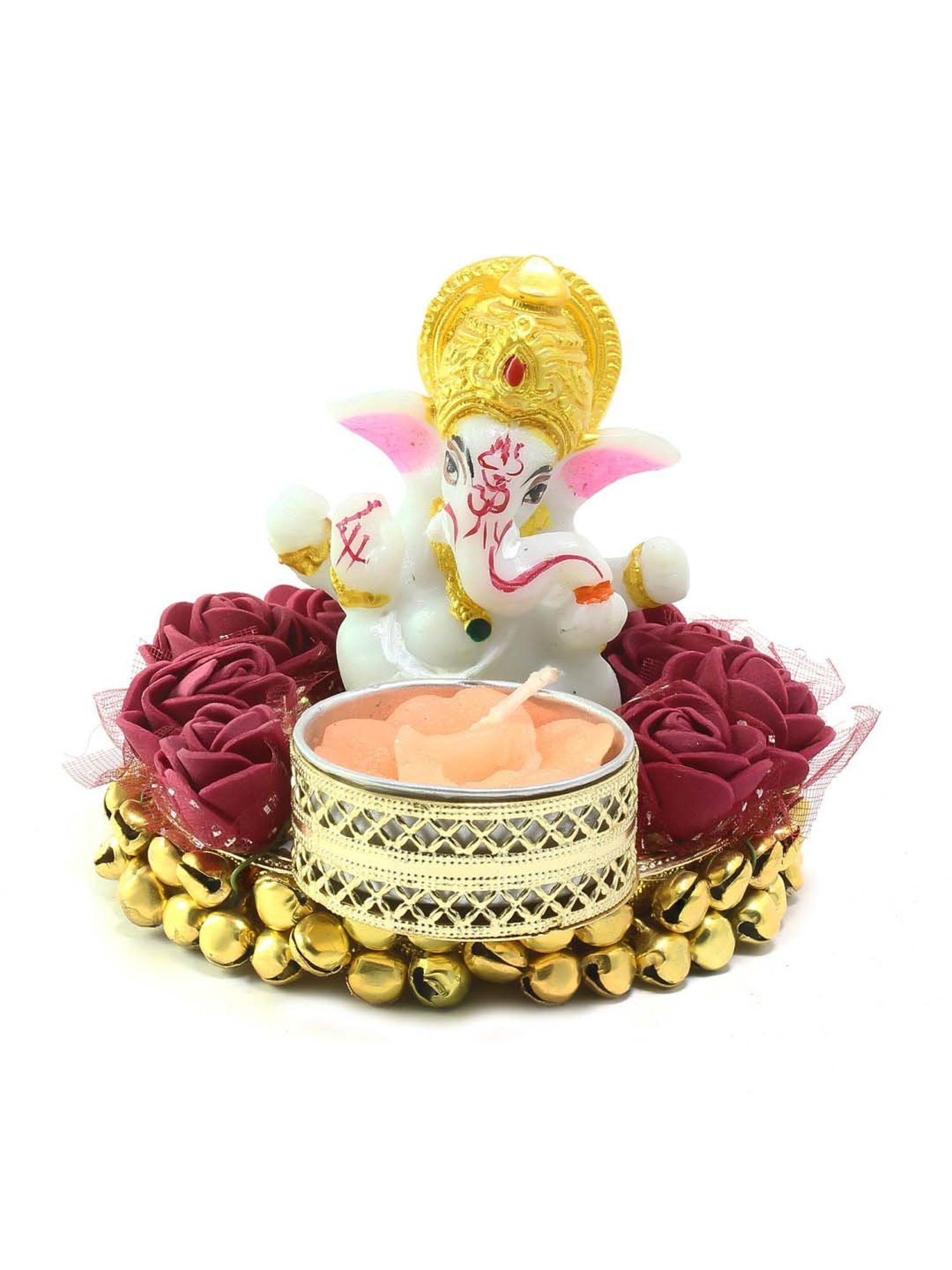 eCraftIndia Lord Ganesha Idol on Decorative Plate with Tea Light Holder