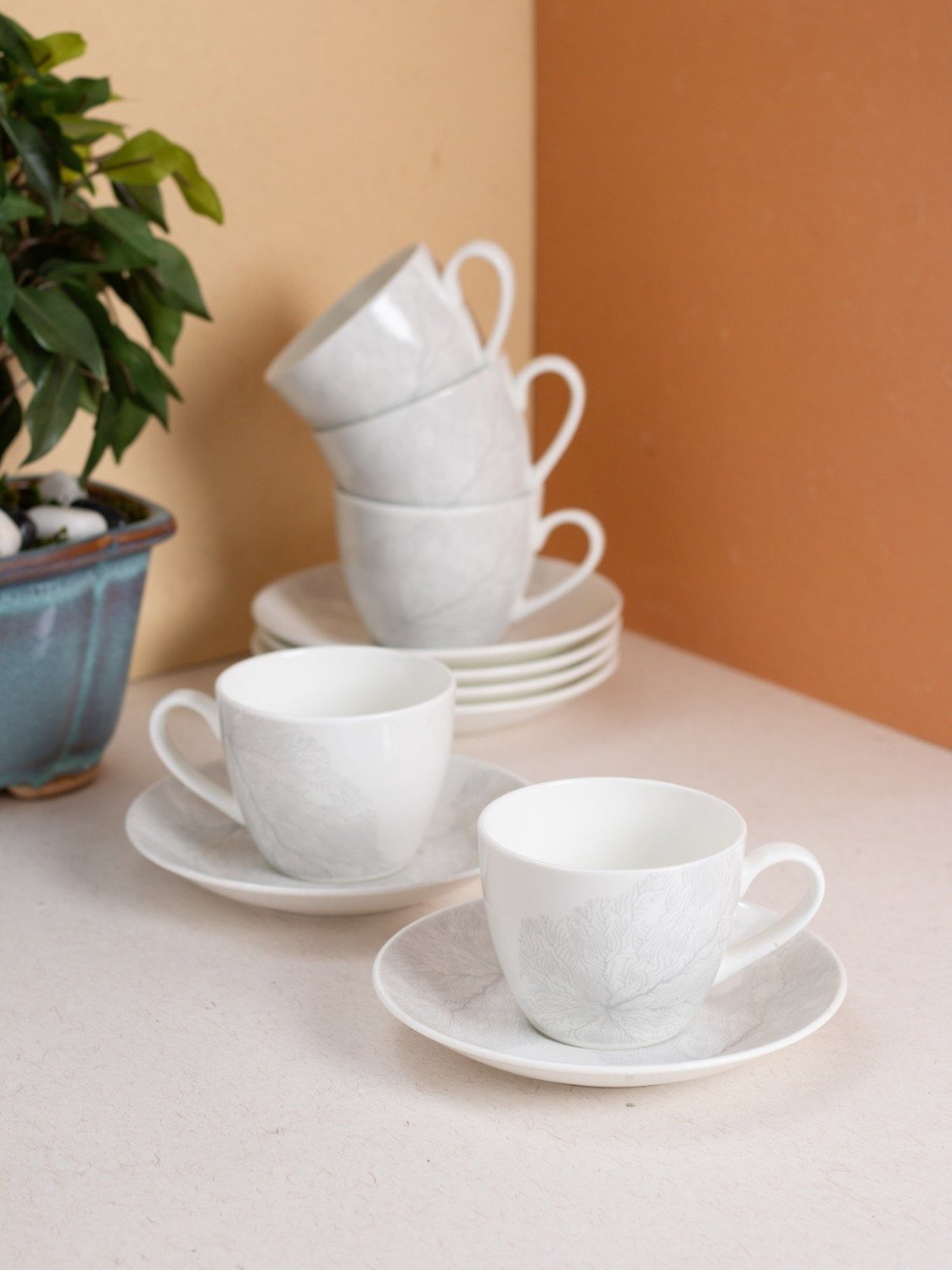 JCPL Fine Printed White Ceramic Cup & Saucer 180 ml - Set of 12