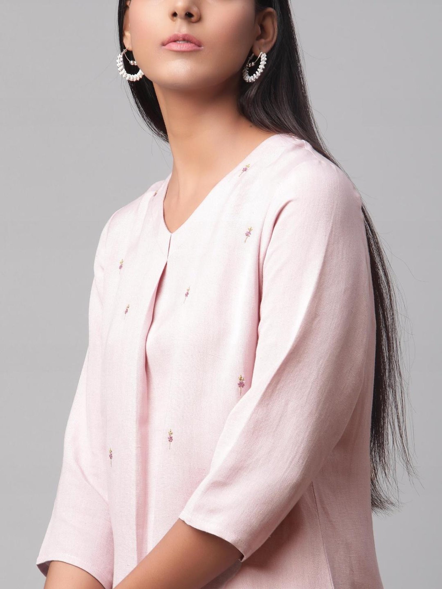 Linen Club Women Light Pink Embroidered Kurta