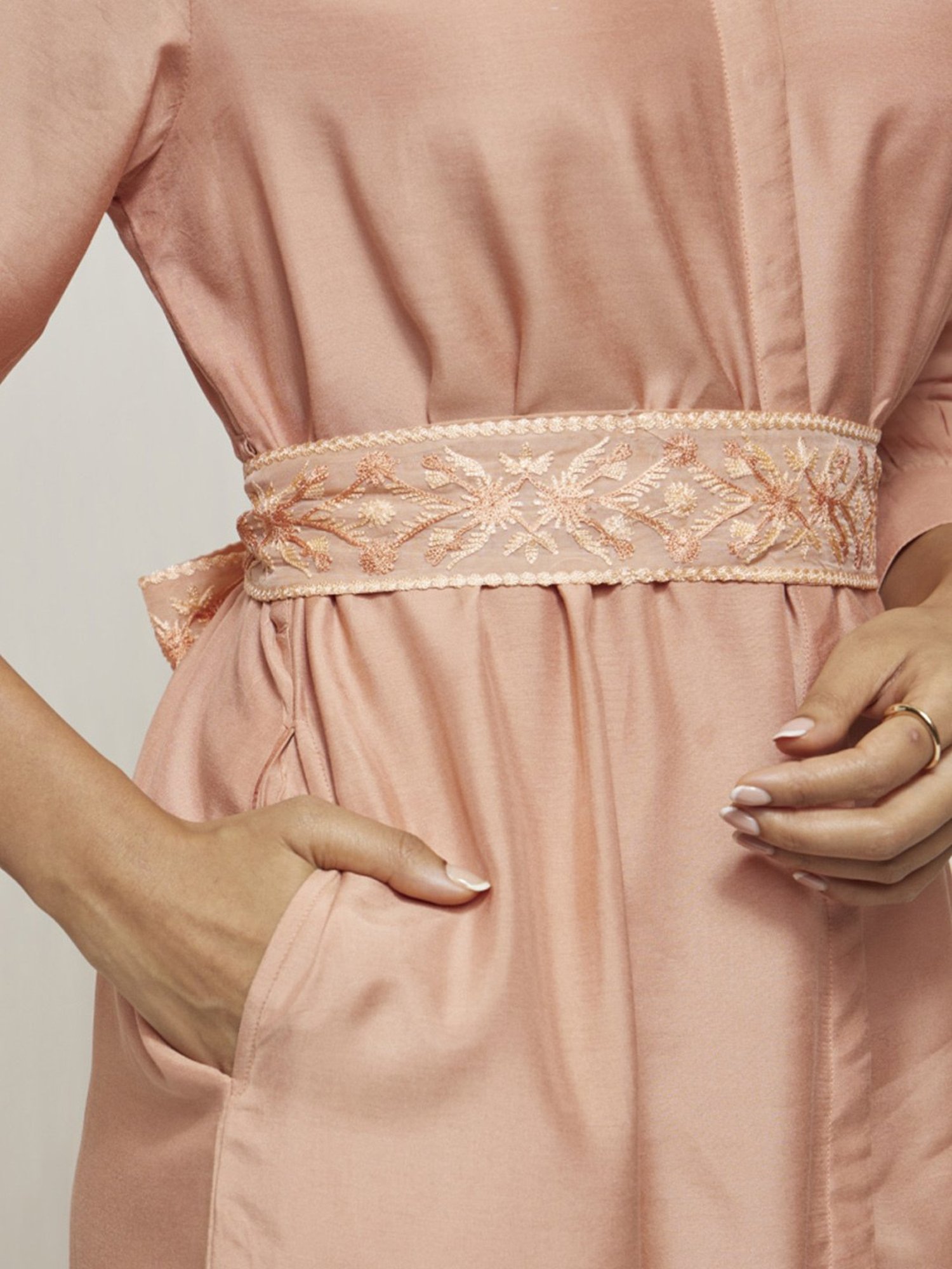 Artagai Salmon Pink Shift Dress with Embroidered Belt