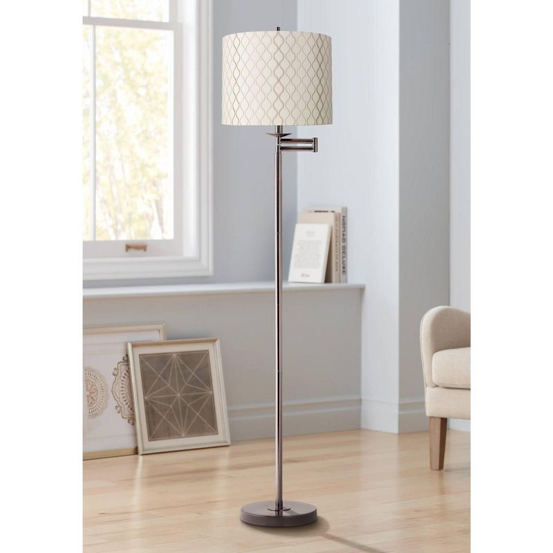 Regency Hill Modern Swing Arm Floor Lamp Bronze Embroidered Hourglass Off White Fabric Drum Shade for Living Room Reading Bedroom