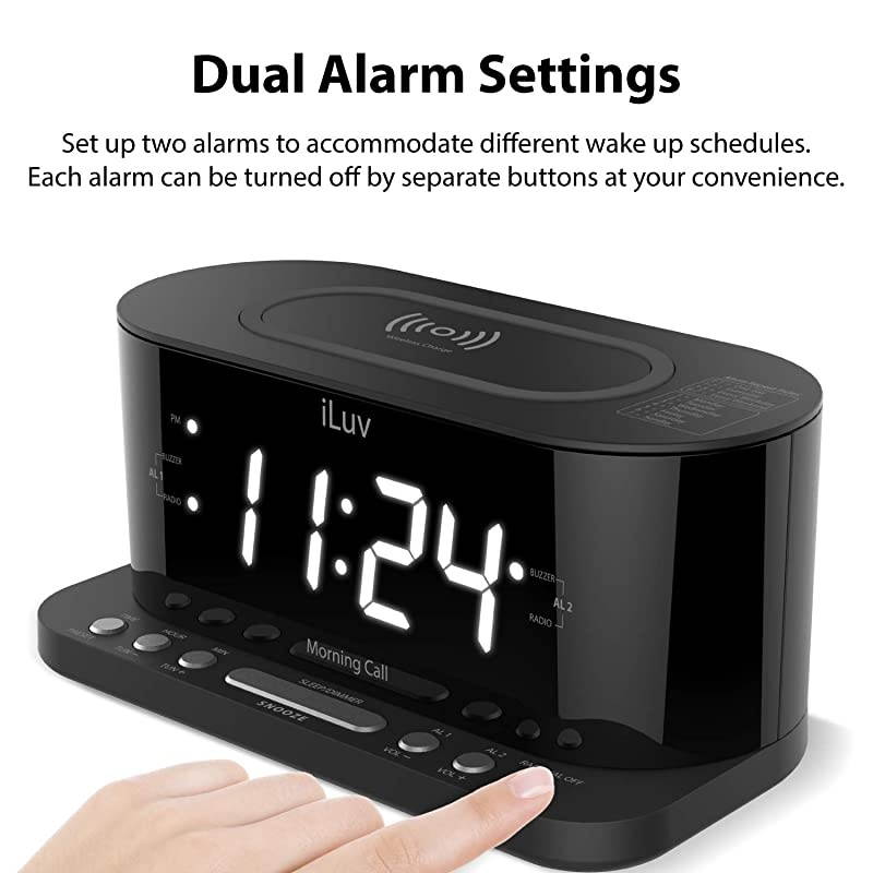 Morning Call 5 Qi-Certified Wireless Charging Bedside Digital Alarm Clock, 1.2" Jumbo LED Dual Alarm, FM Radio with 10 Presets, USB Charging Port, Sleep Timer, 3-Level Dimmer, Battery Backup
