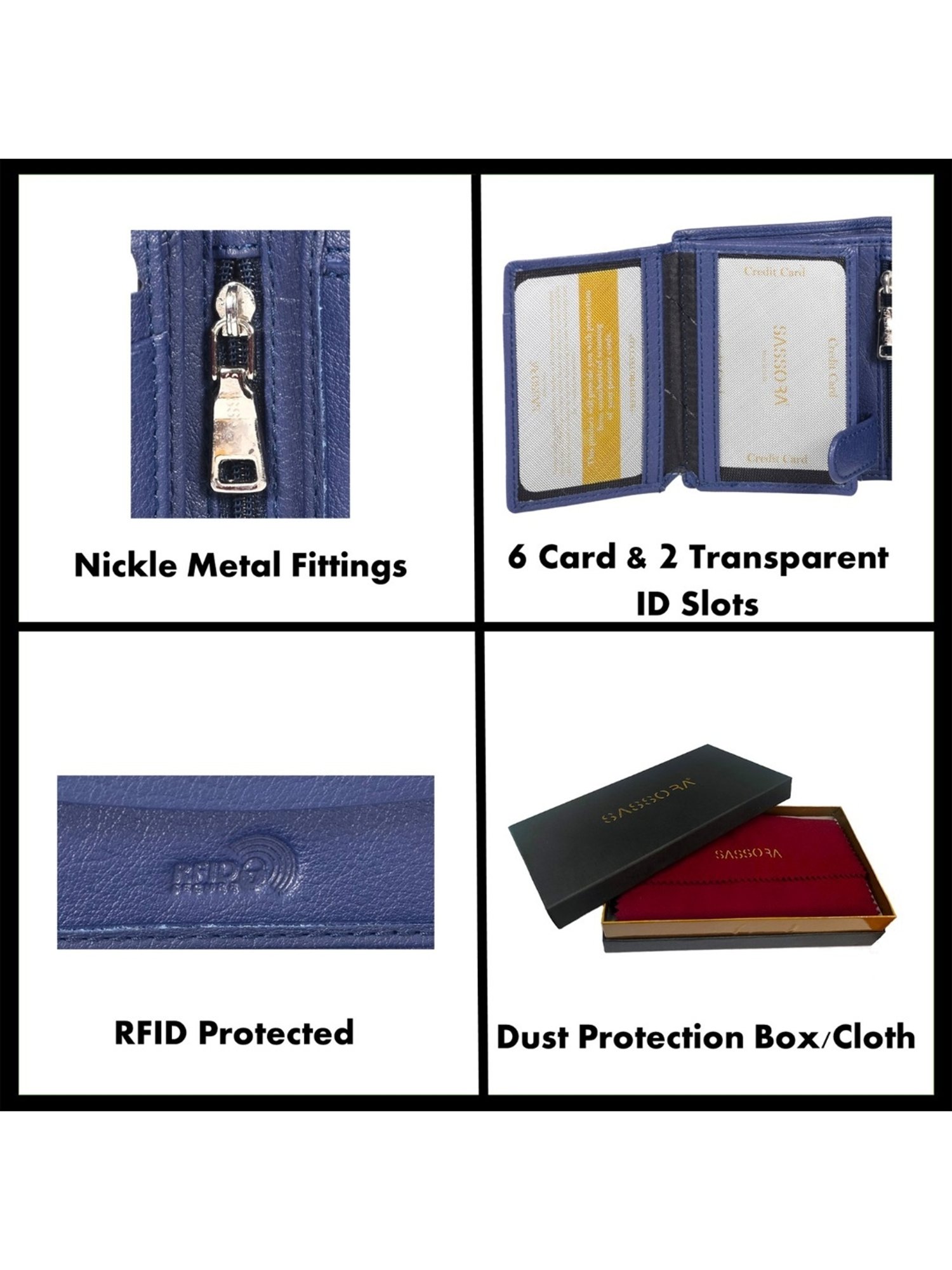 SASSORA ZION Blue Leather RFID Bi-Fold Wallet